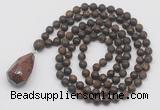 GMN5024 Hand-knotted 8mm, 10mm matte bronzite 108 beads mala necklace with pendant