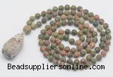 GMN5025 Hand-knotted 8mm, 10mm matte unakite 108 beads mala necklace with pendant