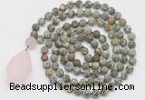 GMN5026 Hand-knotted 8mm, 10mm matte rhyolite 108 beads mala necklace with pendant