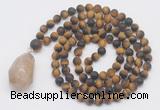 GMN5030 Hand-knotted 8mm, 10mm matte yellow tiger eye 108 beads mala necklace with pendant