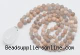 GMN5031 Hand-knotted 8mm, 10mm matte sunstone 108 beads mala necklace with pendant