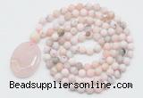 GMN5057 Hand-knotted 8mm, 10mm matte natural pink opal 108 beads mala necklace with pendant