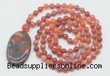 GMN5063 Hand-knotted 8mm, 10mm fire agate 108 beads mala necklace with pendant