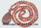 GMN5093 Hand-knotted 8mm, 10mm fire agate 108 beads mala necklace with pendant