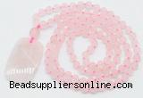 GMN5110 Hand-knotted 8mm, 10mm matte rose quartz 108 beads mala necklace with pendant