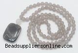 GMN5117 Hand-knotted 8mm, 10mm matte grey agate 108 beads mala necklace with pendant