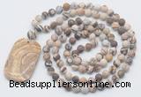 GMN5122 Hand-knotted 8mm, 10mm matte zebra jasper 108 beads mala necklace with pendant