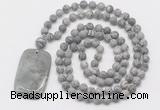 GMN5124 Hand-knotted 8mm, 10mm matte grey picture jasper 108 beads mala necklace with pendant