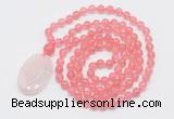 GMN5145 Hand-knotted 8mm, 10mm cherry quartz 108 beads mala necklace with pendant