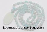 GMN5154 Hand-knotted 8mm, 10mm sea blue banded agate 108 beads mala necklace with pendant