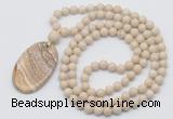 GMN5164 Hand-knotted 8mm, 10mm white fossil jasper 108 beads mala necklace with pendant