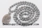 GMN5166 Hand-knotted 8mm, 10mm grey picture jasper 108 beads mala necklace with pendant