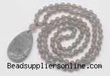 GMN5205 Hand-knotted 8mm, 10mm grey agate 108 beads mala necklace with pendant