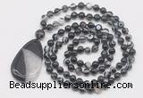 GMN5214 Hand-knotted 8mm, 10mm black banded agate 108 beads mala necklace with pendant