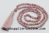 GMN5609 Hand-knotted 6mm matte pink wooden jasper 108 beads mala necklaces with tassel