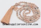 GMN5701 Hand-knotted 6mm matte sunstone 108 beads mala necklaces with tassel & charm