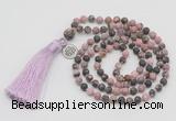 GMN5702 Hand-knotted 6mm matte rhodonite 108 beads mala necklaces with tassel & charm