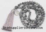 GMN5703 Hand-knotted 6mm matte black water jasper 108 beads mala necklaces with tassel & charm