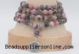 GMN5812 Hand-knotted 6mm matter rhodonite 108 beads mala necklaces with charm