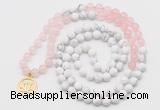 GMN6002 Knotted 8mm, 10mm rose quartz & white howlite 108 beads mala necklace with charm