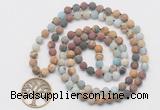 GMN6006 Knotted 8mm, 10mm matte mixed amazonite & jasper 108 beads mala necklace with charm