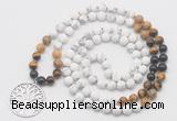 GMN6008 Knotted 8mm, 10mm matte white howlite & mixed gemstone 108 beads mala necklace with charm