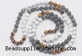 GMN6009 Knotted 8mm, 10mm matte white howlite & black labradorite 108 beads mala necklace with charm