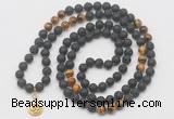 GMN6015 Knotted 8mm, 10mm black lava & yellow tiger eye 108 beads mala necklace with charm