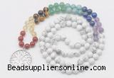 GMN6022 Knotted 7 Chakra 8mm, 10mm white howlite 108 beads mala necklace with charm