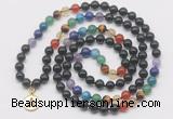 GMN6027 Knotted 7 Chakra 8mm, 10mm black obsidian 108 beads mala necklace with charm