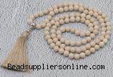 GMN604 Hand-knotted 8mm, 10mm white fossil jasper 108 beads mala necklaces with tassel