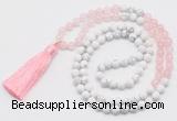 GMN6102 Knotted 8mm, 10mm rose quartz & white howlite 108 beads mala necklace with tassel