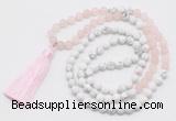 GMN6103 Knotted 8mm, 10mm rose quartz & white howlite 108 beads mala necklace with tassel