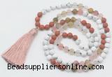 GMN6105 Knotted 8mm, 10mm white howlite, cherry quartz & red jasper 108 beads mala necklace with tassel