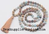 GMN6106 Knotted 8mm, 10mm matte mixed amazonite & jasper 108 beads mala necklace with tassel