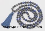 GMN6112 Knotted 8mm, 10mm black labradorite & lapis lazuli 108 beads mala necklace with tassel