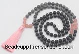 GMN6117 Knotted 8mm, 10mm matte black agate, black labradorite & rose quartz 108 beads mala necklace with tassel