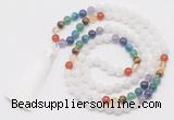 GMN6119 Knotted 7 Chakra 8mm, 10mm white jade 108 beads mala necklace with tassel