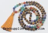 GMN6123 Knotted 7 Chakra 8mm, 10mm yellow tiger eye 108 beads mala necklace with tassel