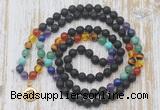 GMN6143 Knotted 7 Chakra 8mm, 10mm black lava 108 beads mala necklace with charm