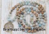 GMN6144 Knotted 8mm, 10mm matte amazonite & picture jasper 108 beads mala necklace with charm