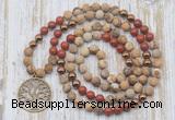 GMN6146 Knotted 8mm, 10mm matte picture jasper & red jasper 108 beads mala necklace with charm