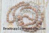 GMN6154 Knotted 8mm, 10mm sunstone, white crystal & white jade 108 beads mala necklace with charm