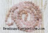 GMN6155 Knotted 8mm, 10mm sunstone, rose quartz & white jade 108 beads mala necklace with charm