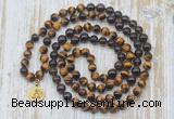 GMN6158 Knotted 8mm, 10mm yellow tiger eye, garnet & smoky quartz 108 beads mala necklace with charm