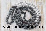 GMN6159 Knotted 8mm, 10mm snowflake obsidian, garnet & matte white howlite 108 beads mala necklace with charm