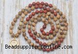 GMN6160 Knotted 8mm, 10mm picture jasper & red jasper 108 beads mala necklace with charm