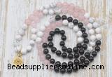 GMN6162 Knotted 8mm, 10mm black agate, rose quartz & white howlite 108 beads mala necklace with charm