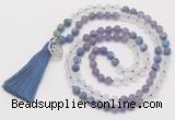 GMN6201 Knotted amethyst, white crystal & lapis lazuli 108 beads mala necklace with tassel & charm