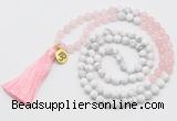 GMN6202 Knotted rose quartz & white howlite 108 beads mala necklace with tassel & charm